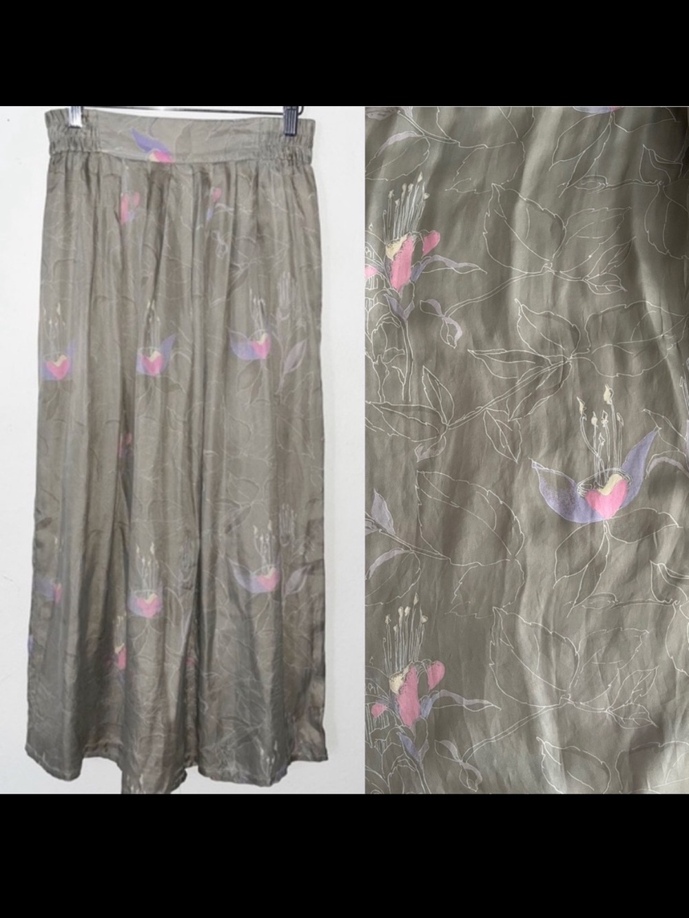 VTG 90s Y2K Albert Hei 100% Silk Maxi Skirt Sz M Gray Floral Fairy Cottagecore